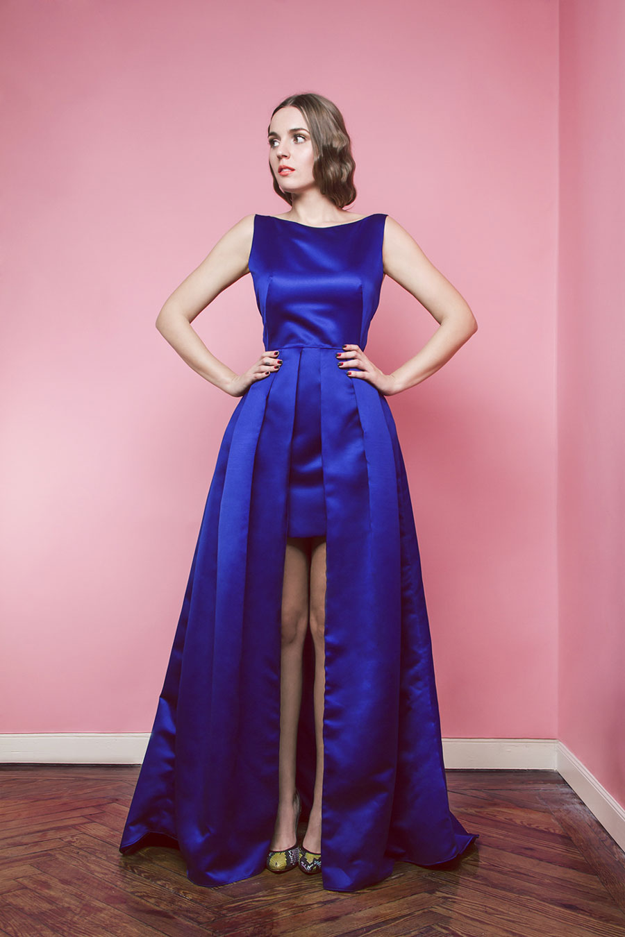 vestido azul corto y largo jorge de la rosa